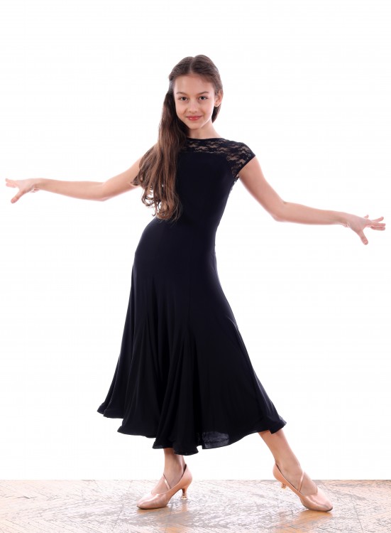 ST тренировочное платье для танцев с гипюровой кокеткой и вставками на юбке